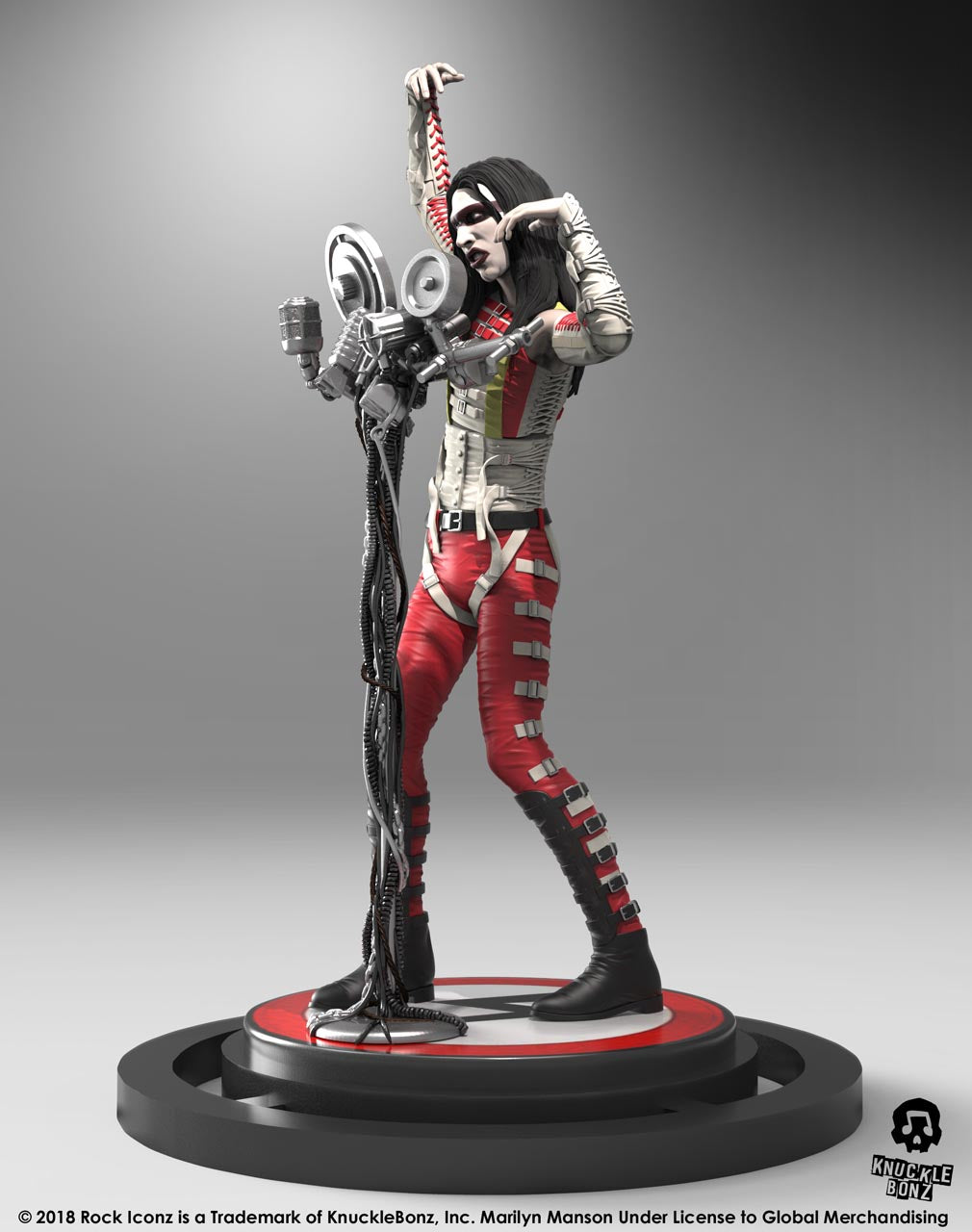 Marilyn Manson statue with microphone stand with a light background